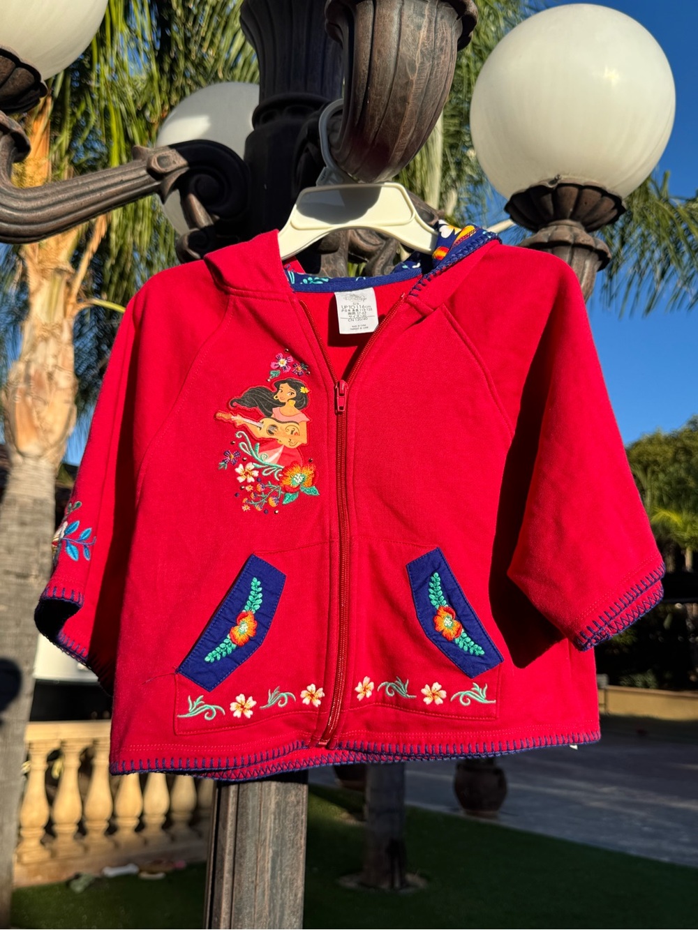 Disney Red Girls' Hooded Zip Jacket with Floral Embroidery